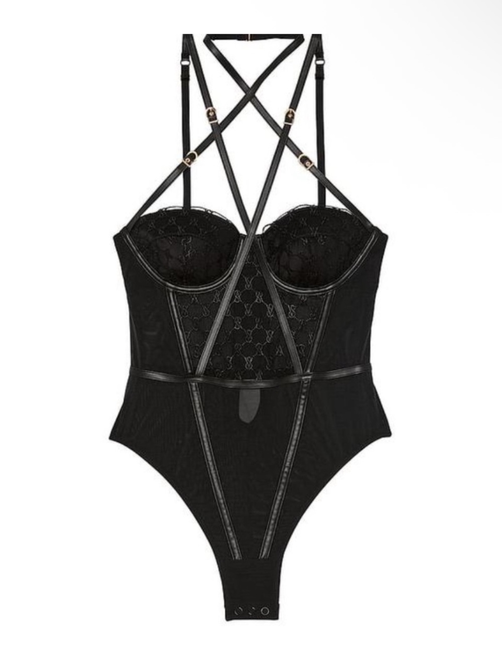 New! VS Very Sexy Logo Balconette Faux-Leather Trim Teddy Black 34251